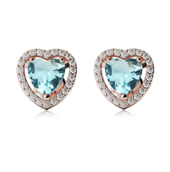 10k Rose Gold Plated 1/2 Ct Created Halo Heart Aquamarine Stud Earrings