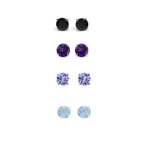 14k White Gold Plated 1Ct Created Black Sapphire, Amethyst, Tanzanite and Aquamarine 4 Pair Round Stud Earrings
