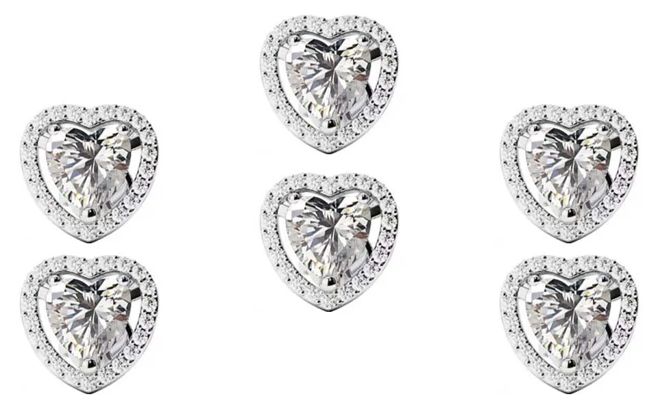14k White Gold Plated 1Ct Heart White Sapphire Set of Three Halo Stud Earrings