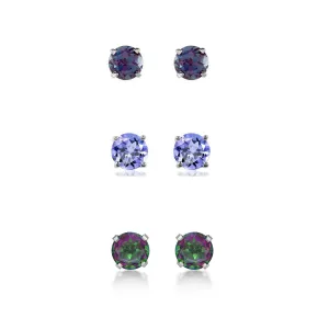 14k White Gold Plated 4Ct Created Alexandrite, Tanzanite and Mystic Topaz 3 Pair Round Stud Earrings