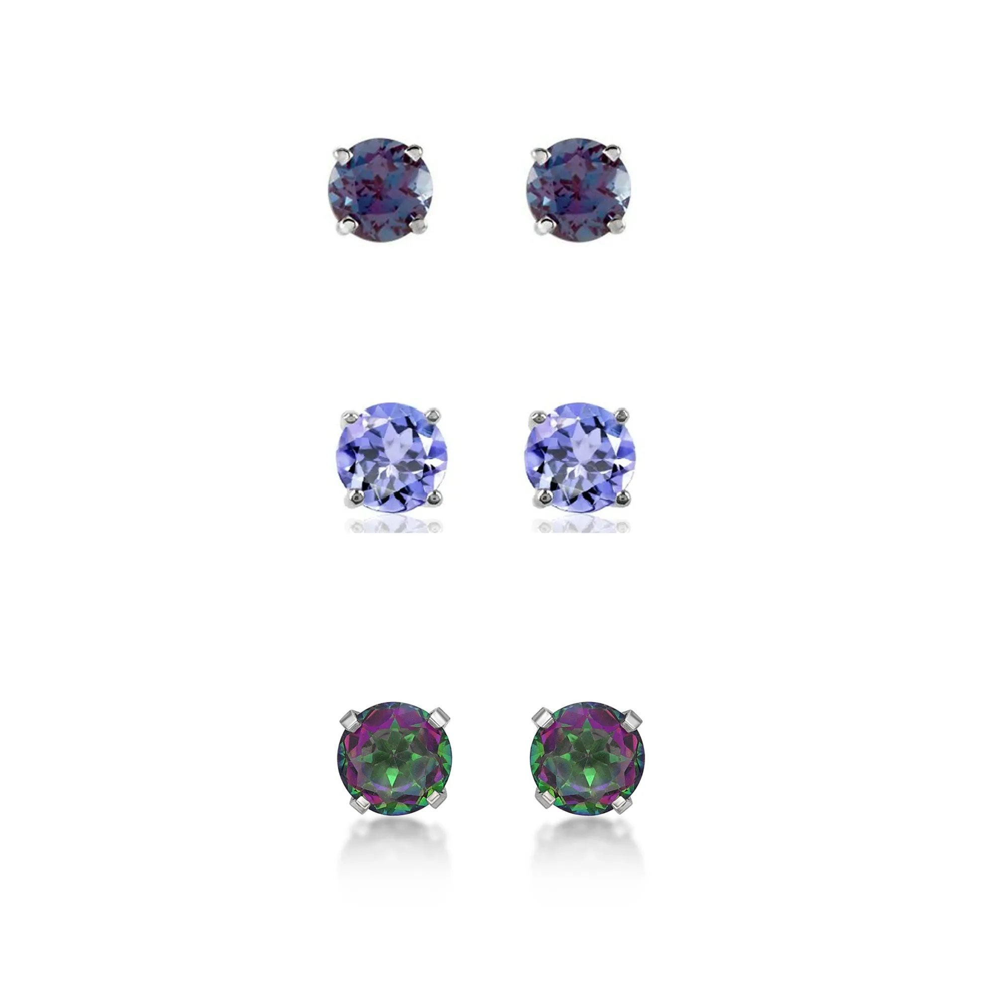 14k White Gold Plated 4Ct Created Alexandrite, Tanzanite and Mystic Topaz 3 Pair Round Stud Earrings
