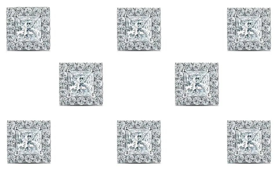 14k White Gold Plated 4mm 1Ct Princess Cut White Sapphire Set of Four Halo Stud Earrings