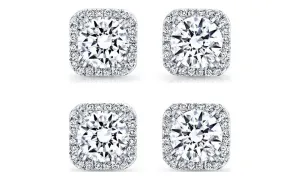 14k White Gold Plated 4mm 4Ct Square Cut White Sapphire Set of Two Halo Stud Earrings