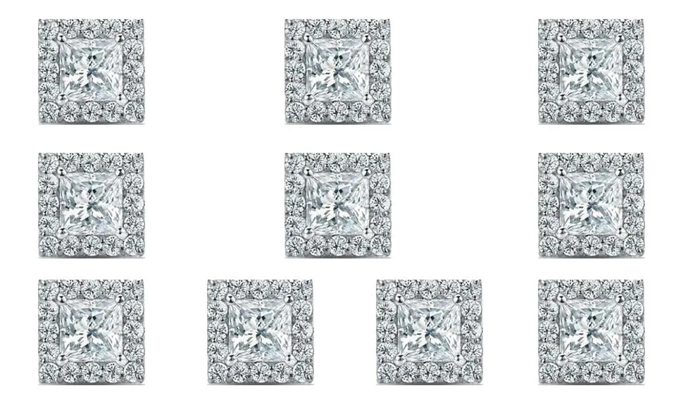 14k White Gold Plated 6mm 4Ct Princess Cut White Sapphire Set of Five Halo Stud Earrings