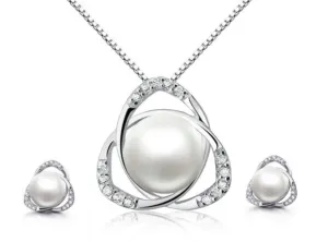 18K White Gold 1 ct Pearl Halo Round 18 Inch Necklace and Earrings Set Plated