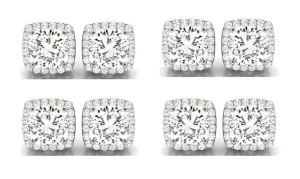 18k White Gold 6mm 1/2Ct Cushion Cut White Sapphire Set Of Four Halo Stud Earrings Plated