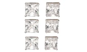 18k White Gold Plated 2Ct Square Cut White Sapphire Set Of Three Stud Earrings