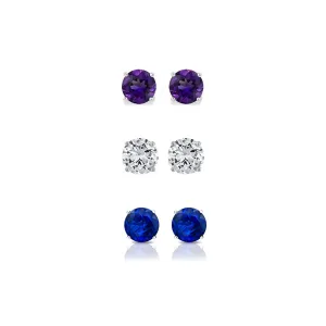 18k White Gold Plated 3Ct Created Amethyst, White Sapphire and Blue Sapphire 3 Pair Round Stud Earrings