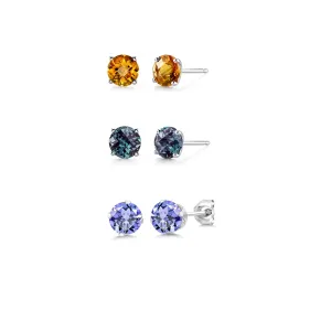 18k White Gold Plated 3Ct Created Citrine, Alexandrite and Tanzanite 3 Pair Round Stud Earrings