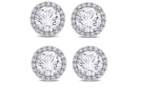 18k White Gold Plated 4mm 1Ct Round White Sapphire Set of Two Halo Stud Earrings