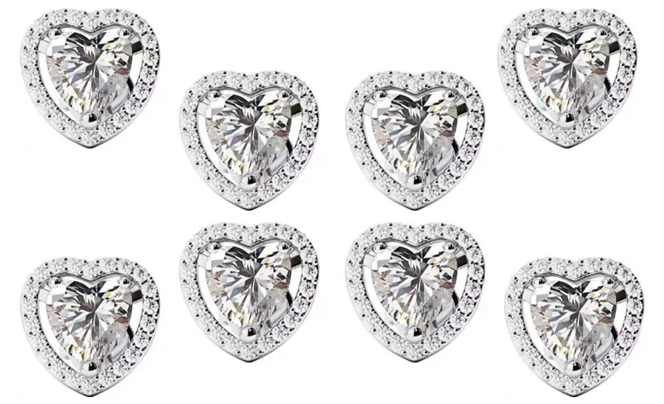 18k White Gold Plated 6mm 2Ct Heart White Sapphire Set of Four Halo Stud Earrings