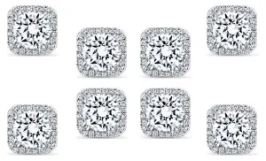 18k White Gold Plated 6mm 4Ct Square Cut White Sapphire Set of Four Halo Stud Earrings