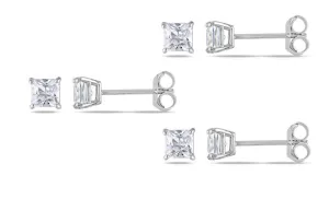 18k White Gold Plated Created White Sapphire 1Ct Square Cut Set of Three Stud Earrings