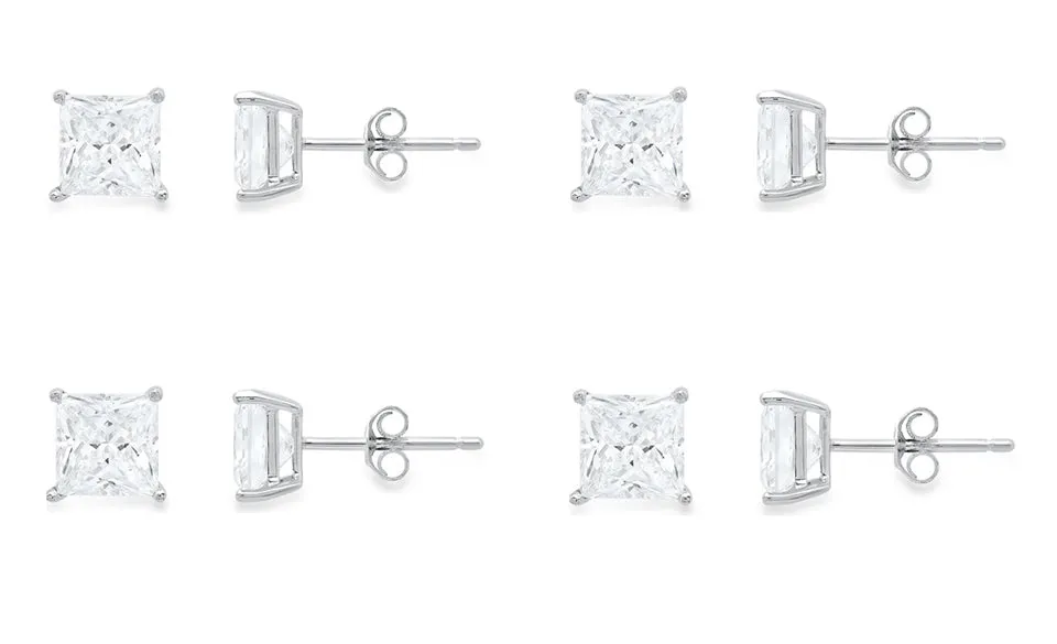 18k White Gold Plated Created White Sapphire 4Ct Princess Cut Set Of Four Stud Earrings