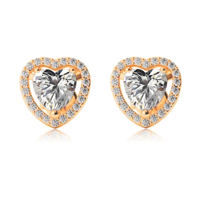 18k Yellow Gold Plated 1/2 Ct Created Halo Heart White Sapphire Stud Earrings