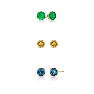 24k Yellow Gold Plated 1Ct Created Emerald, Citrine and Alexandrite 3 Pair Round Stud Earrings