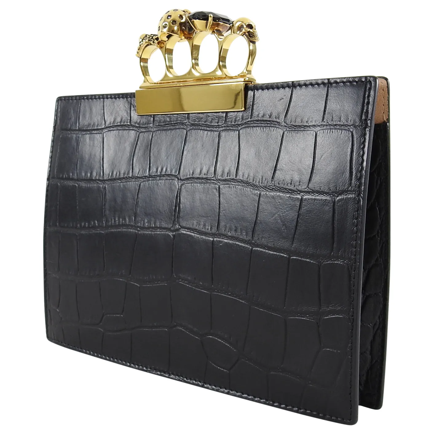 Alexander McQueen Black Crocodile Embossed Knuckle Duster Evening Clutch Bag