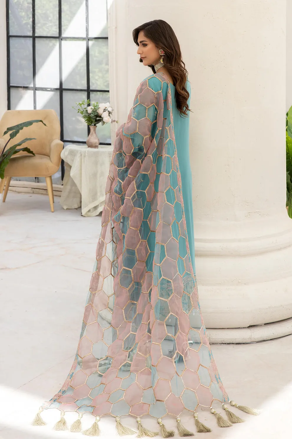 Aqua Blue Elegantly Embellished Pakistani Salwar Kameez Party Dress