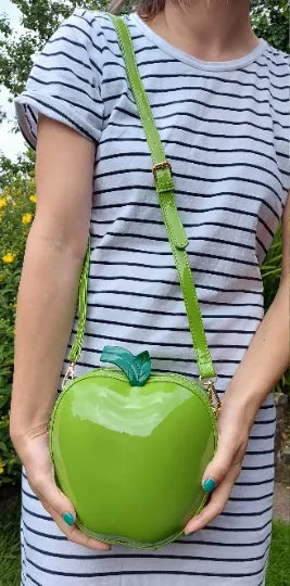 Black Vegan Leather Apple bag Crossbody Strap Zip Around Statement Bag
