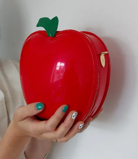 Black Vegan Leather Apple bag Crossbody Strap Zip Around Statement Bag