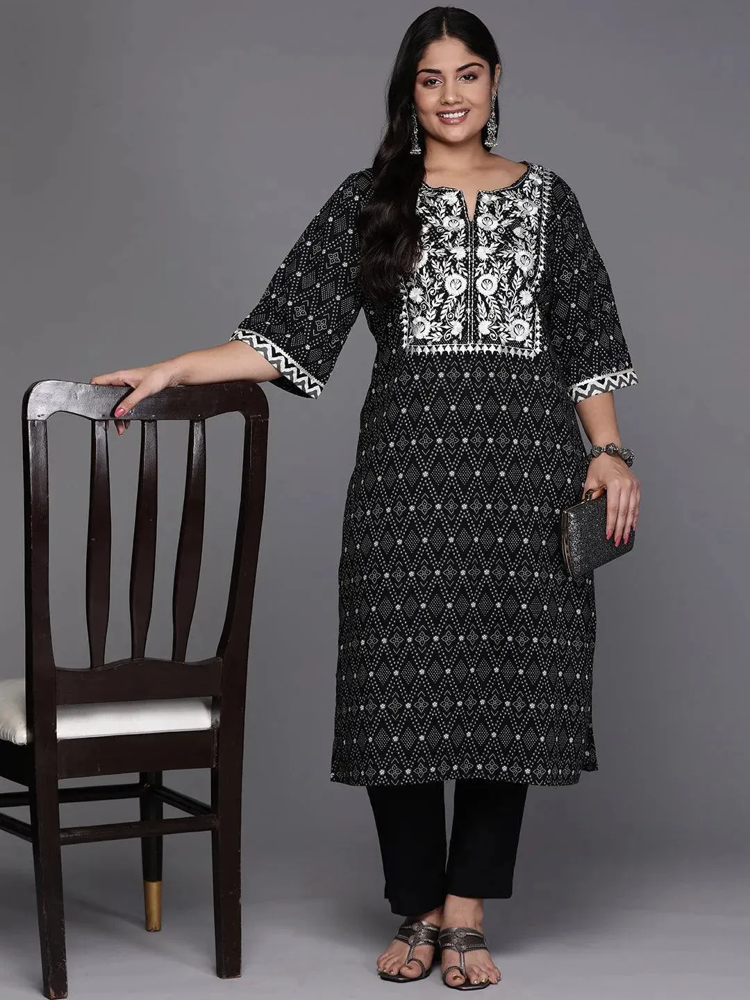 Black Yoke Design Cotton Straight Kurta