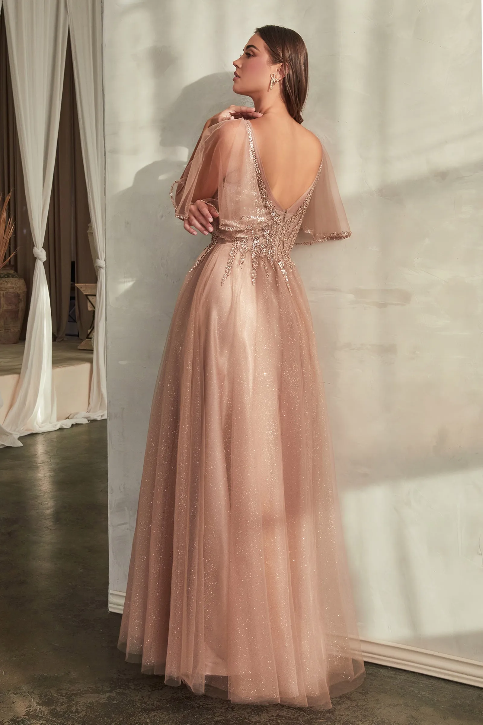 CINDERELLA DIVINE CD0175 V-Neck Tulle A-Line  Dress