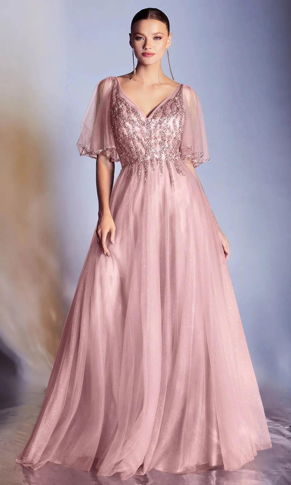 CINDERELLA DIVINE CD0175 V-Neck Tulle A-Line  Dress