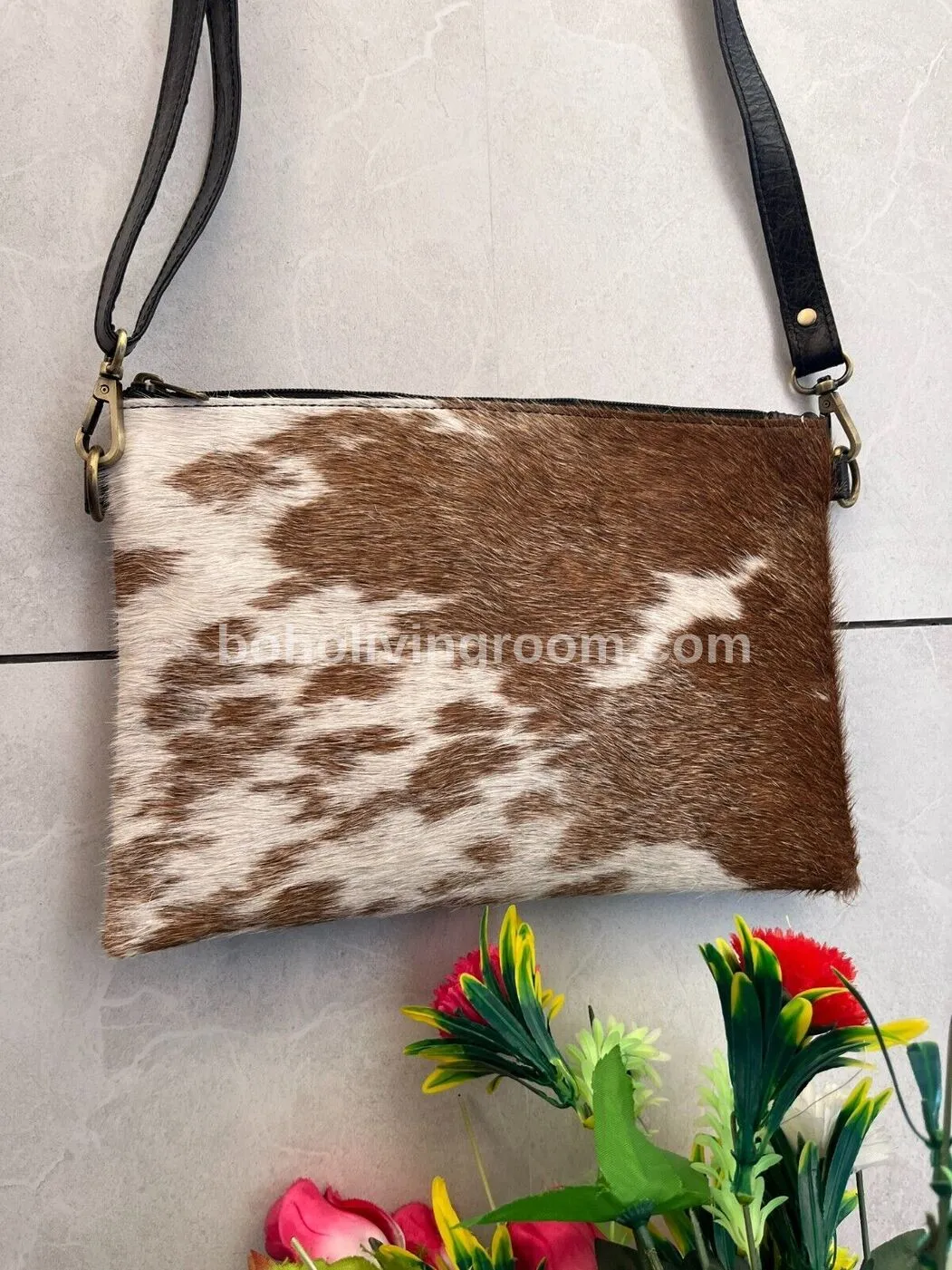 Cowhide Crossbody Sling Bag Brown White