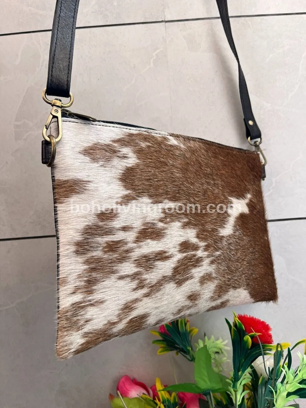 Cowhide Crossbody Sling Bag Brown White