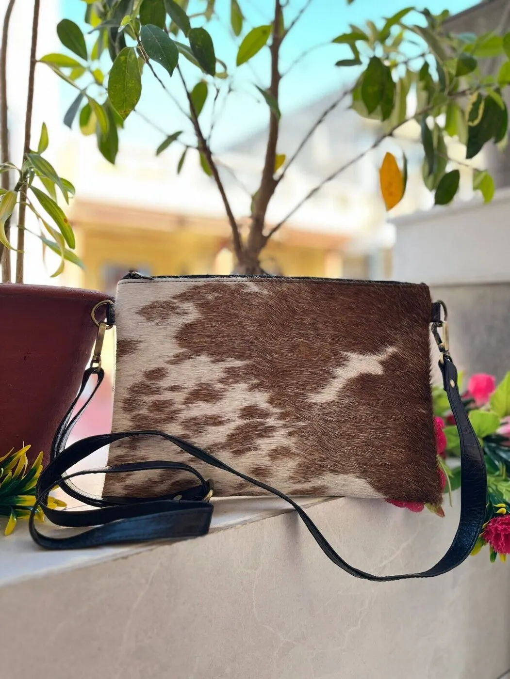 Cowhide Crossbody Sling Bag Brown White