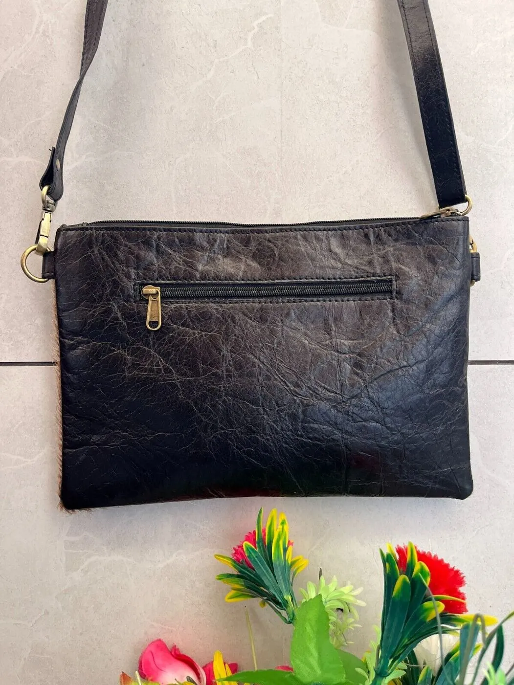 Cowhide Crossbody Sling Bag Brown White