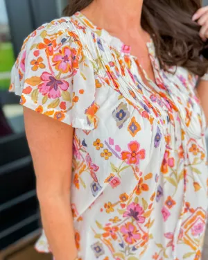 Cream Multi Color Yoke Neck Tie Top