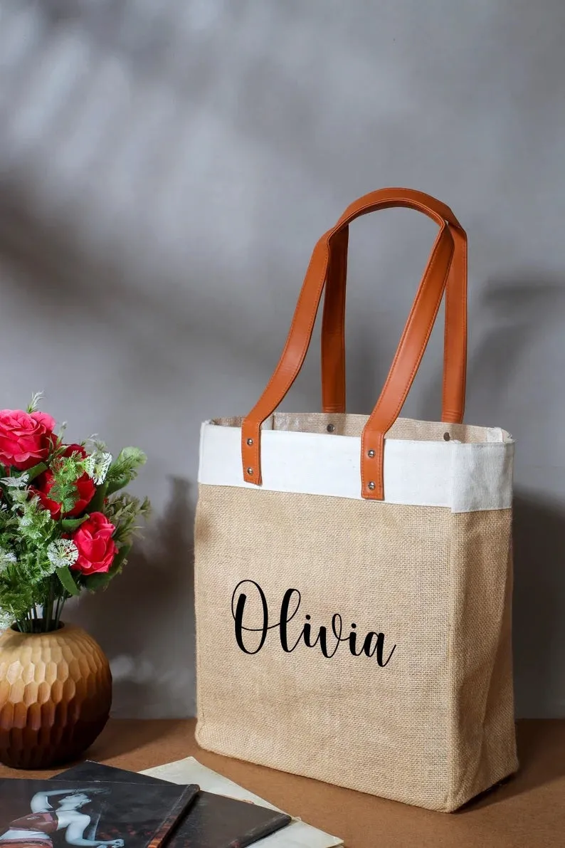Custom Burlap Jute Bag With Leather Handles