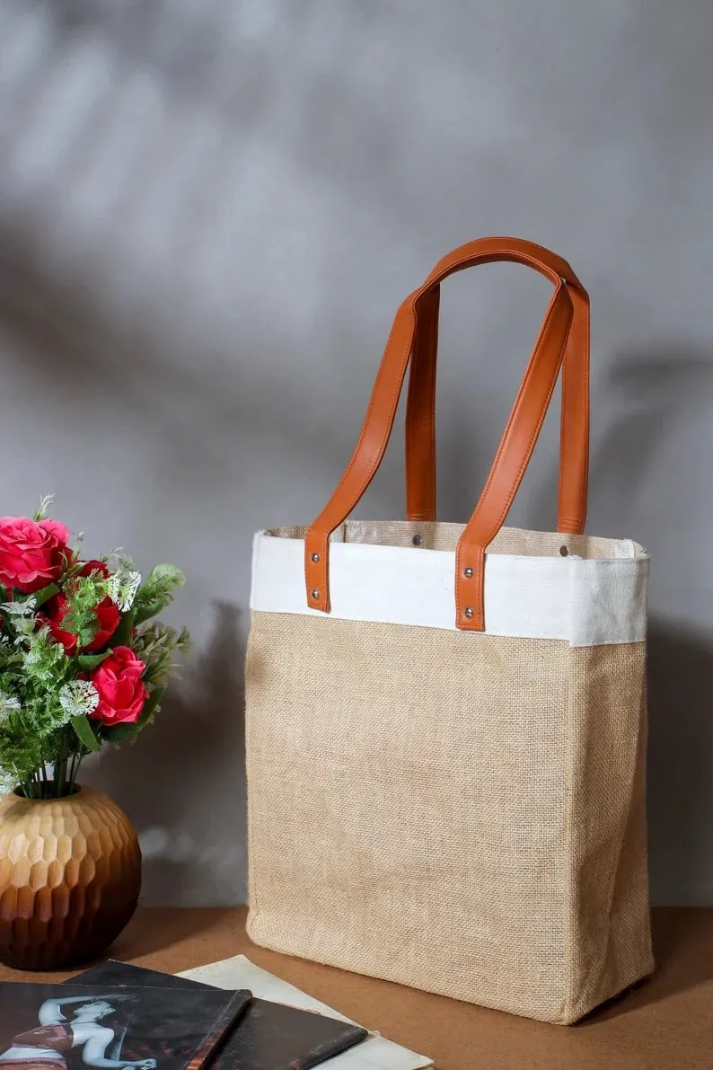 Custom Burlap Jute Bag With Leather Handles
