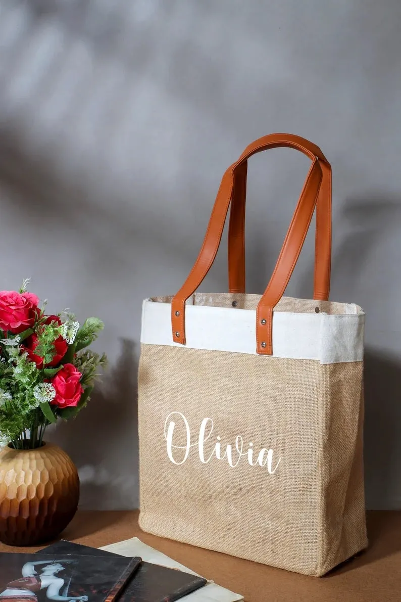 Custom Burlap Jute Bag With Leather Handles