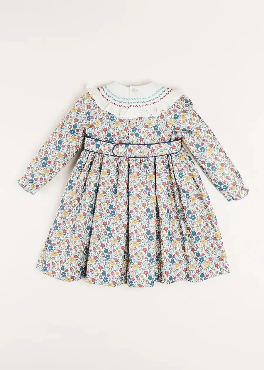 Emilia Floral Handsmocked Long Sleeve Dress in Burgundy (12mths-10yrs)