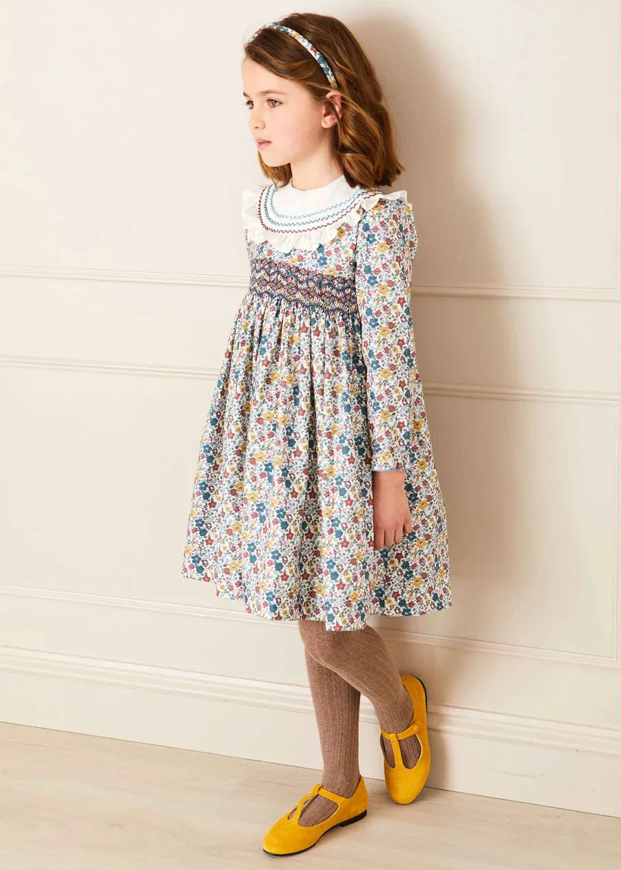 Emilia Floral Handsmocked Long Sleeve Dress in Burgundy (12mths-10yrs)