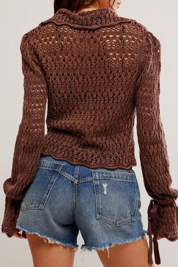 Free People Pointelle Pullover Sweater - CHICORY COFFEE