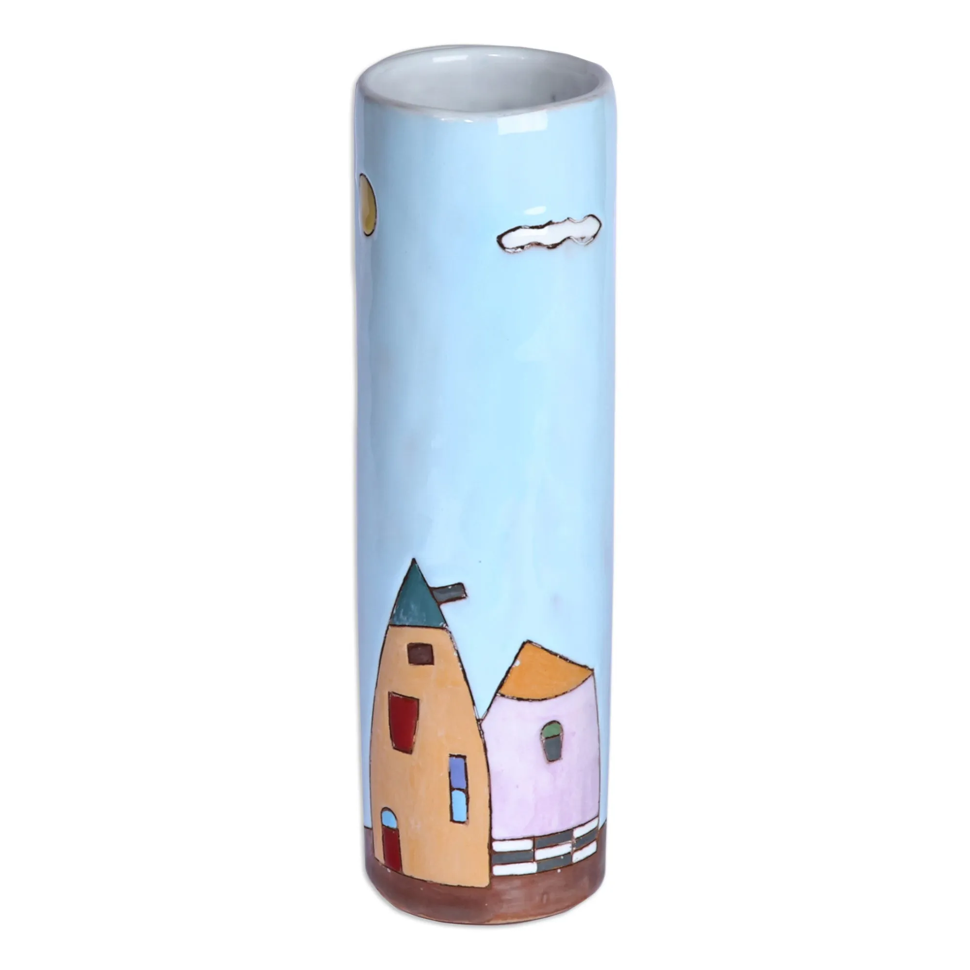 Hand-Painted Glazed Ceramic Vase with House Motif in Blue - Serene Homes | NOVICA