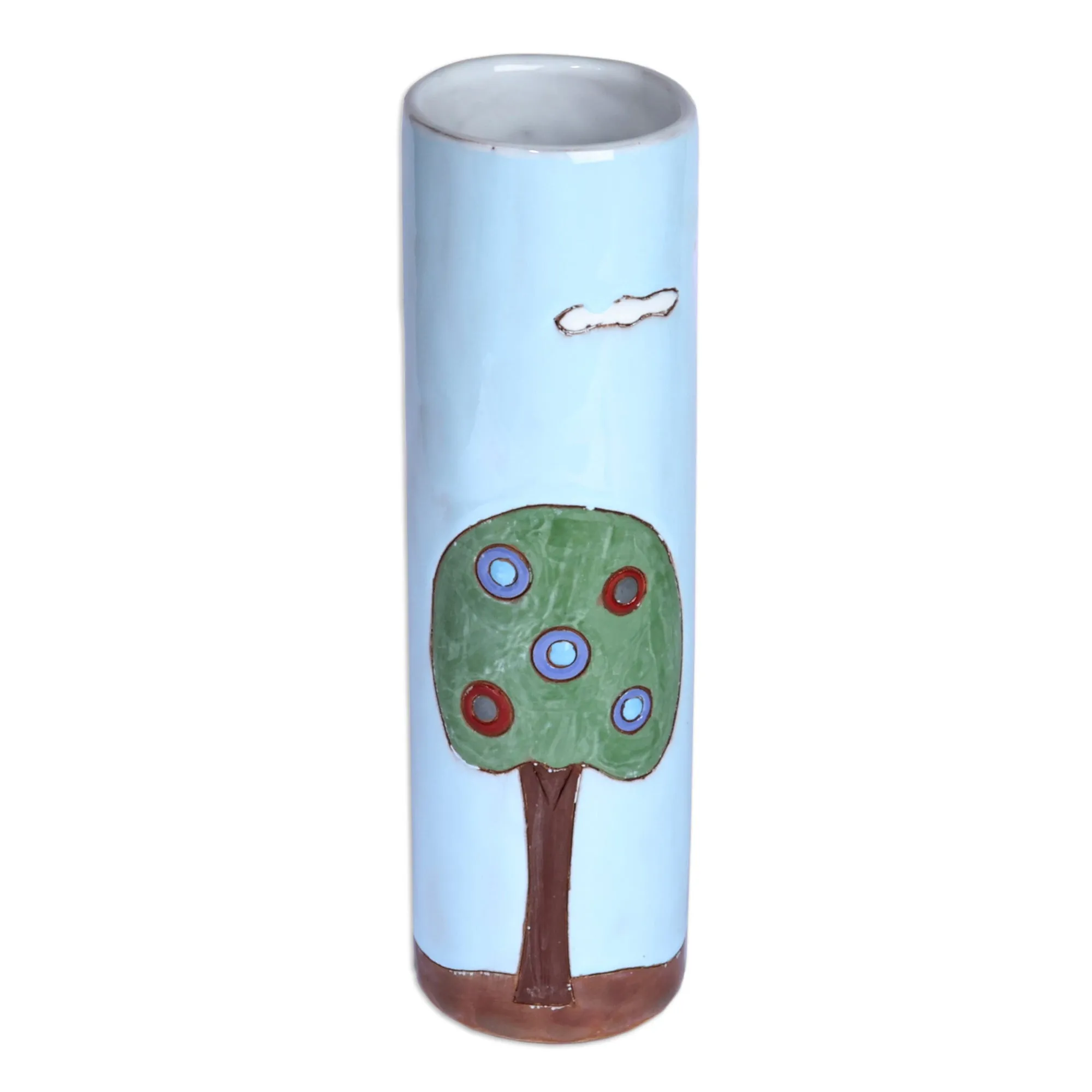 Hand-Painted Glazed Ceramic Vase with House Motif in Blue - Serene Homes | NOVICA