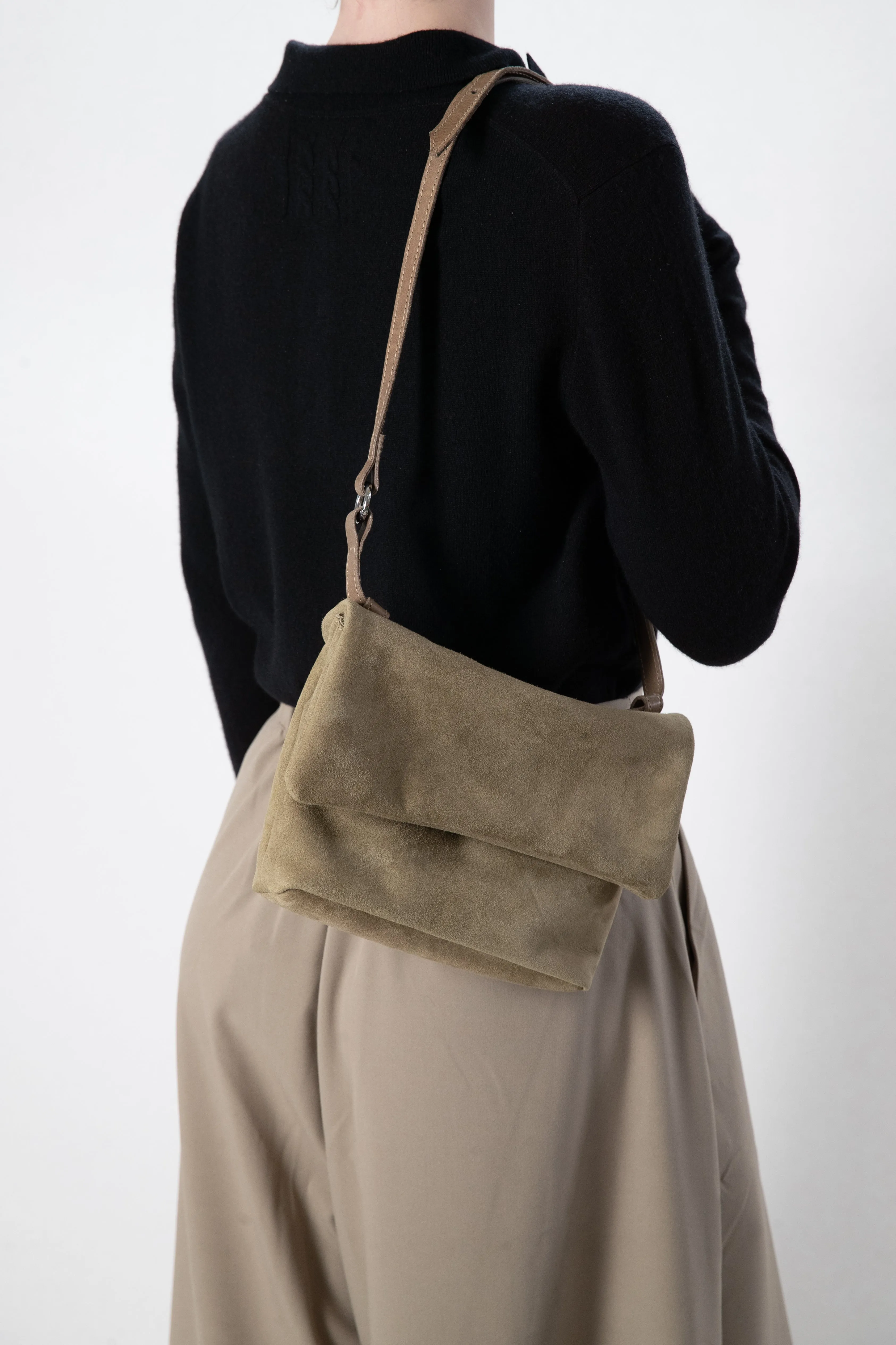 Harpers Emporium Italian Leather Double Zip Bag in Sage Suede