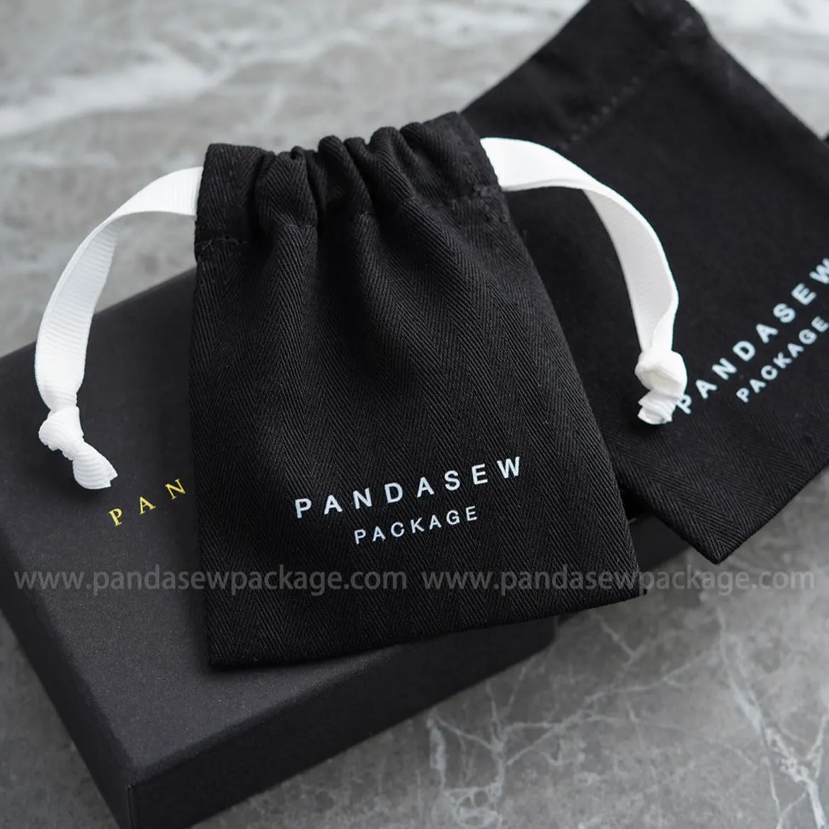 Herringbone Twill Cotton Drawstring Bags Custom Logo Jewelry Packaging 50pcs HRB-113