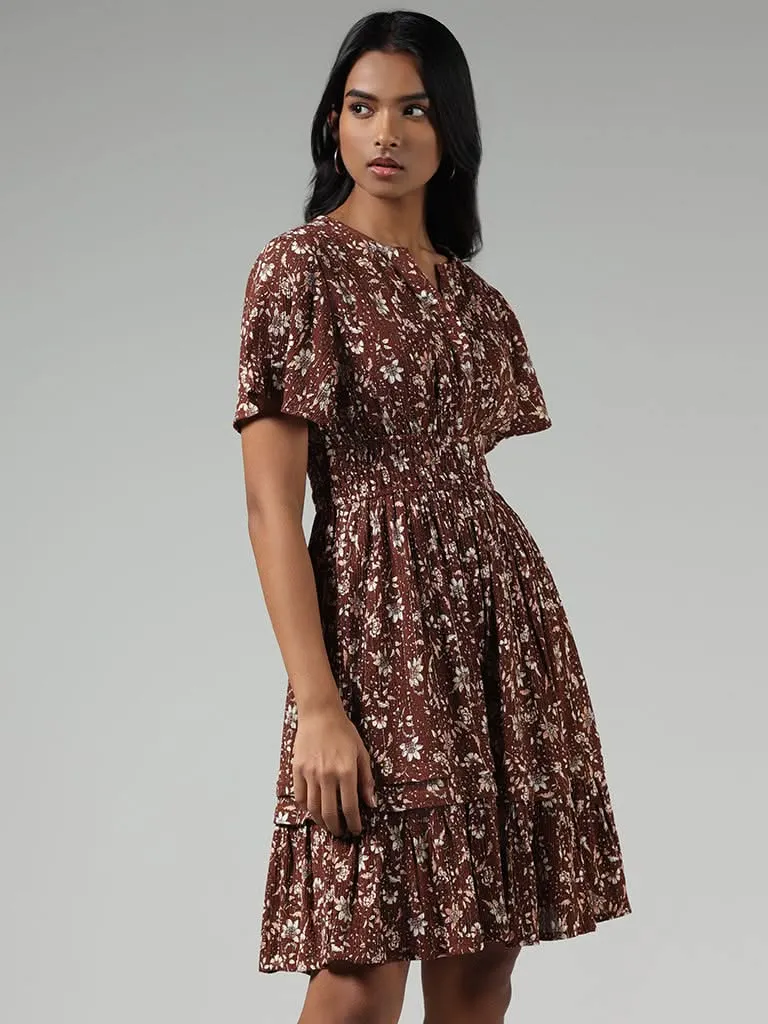 LOV Brown Ditsy Floral Printed Tiered Dress