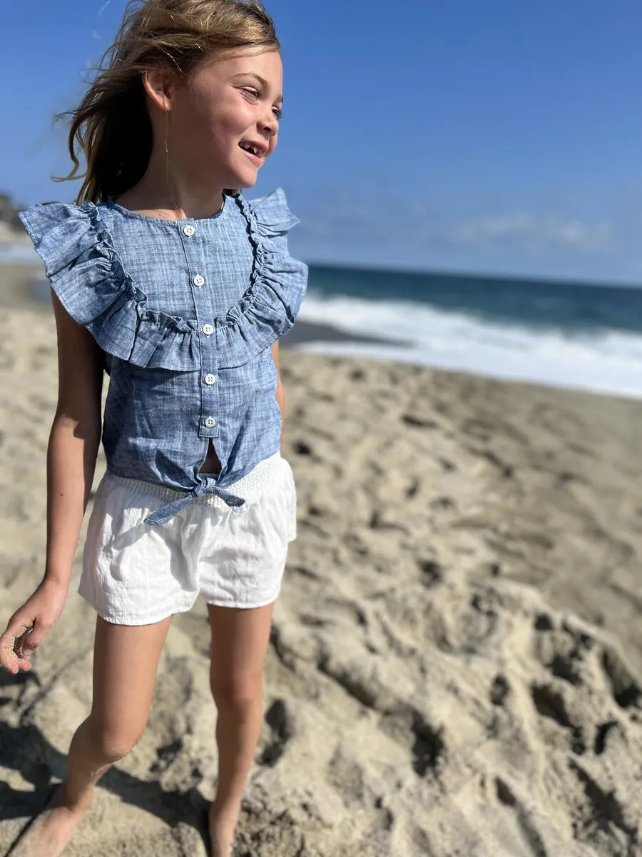 Luna Chambray Blue Ruffle Top
