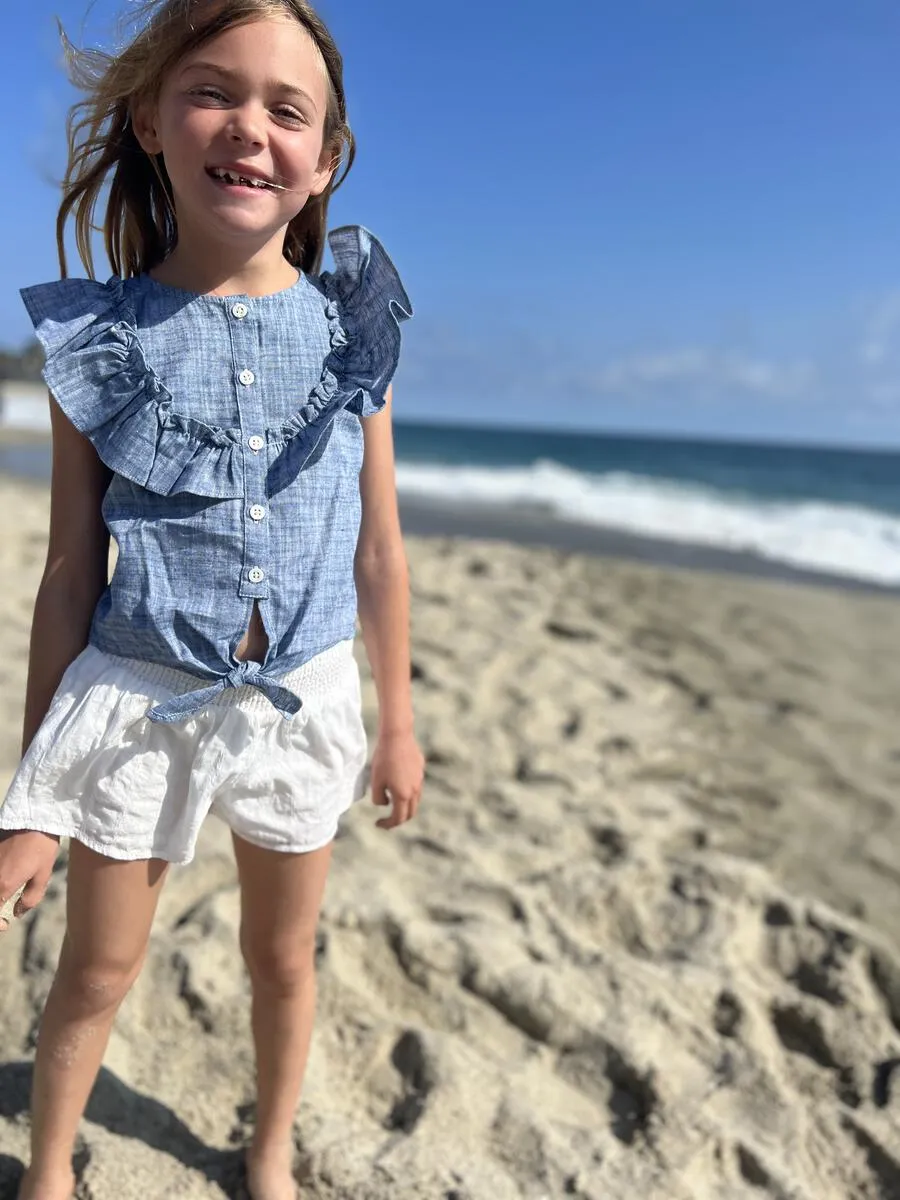 Luna Chambray Blue Ruffle Top