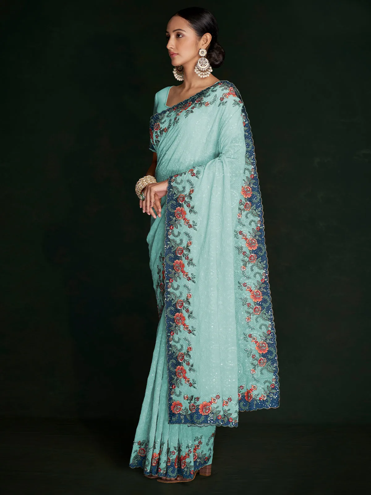 Modren Blue Georgette Embroidered Saree With Unstitched Blouse