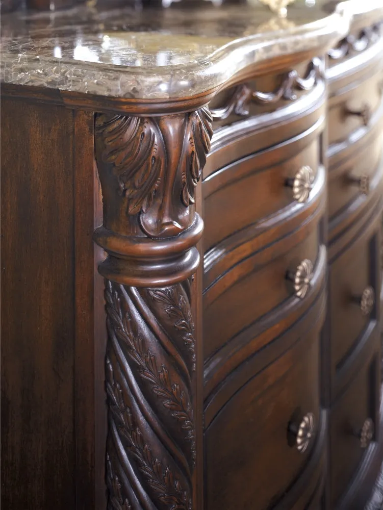 North Shore California King Sleigh Bed with Mirrored Dresser, Chest and 2 Nightstands