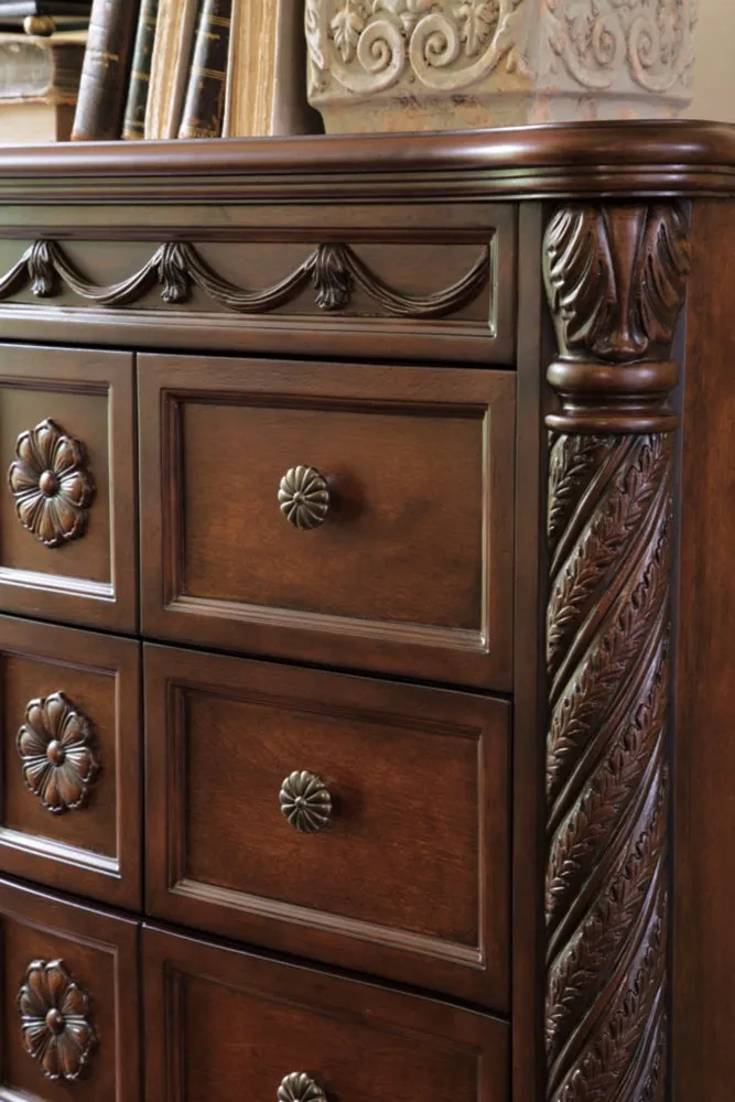 North Shore King Poster Bed with Canopy with Mirrored Dresser and Chest
