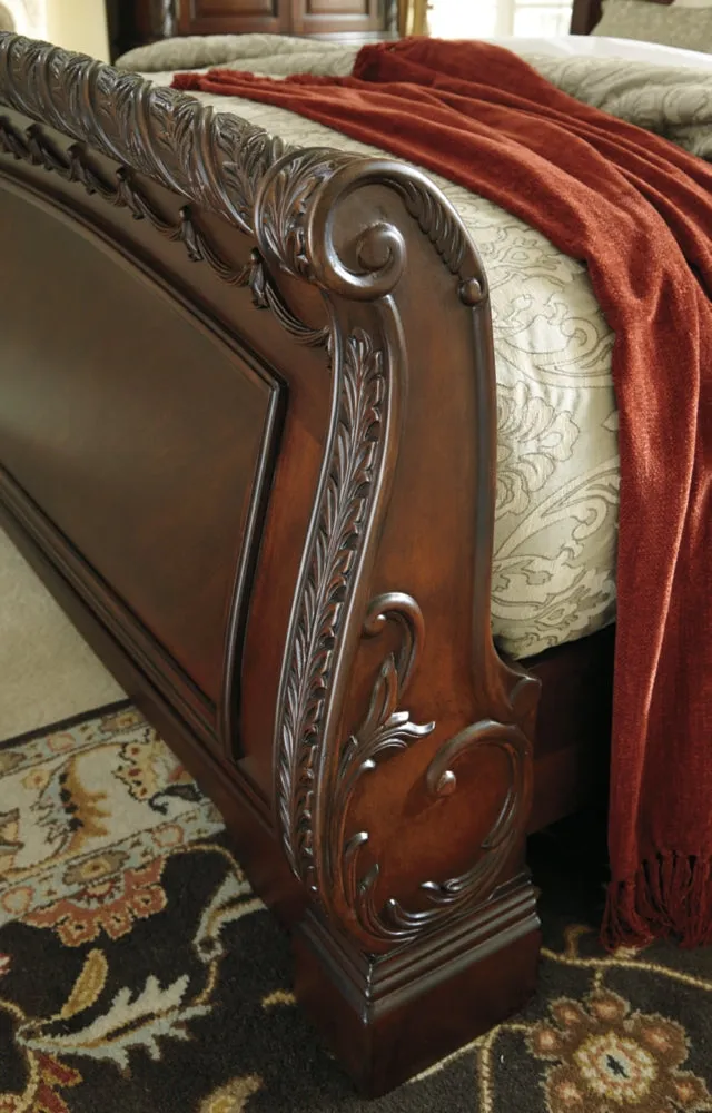 North Shore Queen Sleigh Bed with Mirrored Dresser and 2 Nightstands