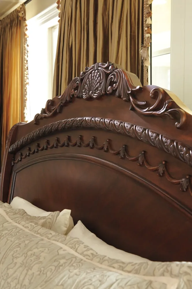 North Shore Queen Sleigh Bed with Mirrored Dresser and 2 Nightstands